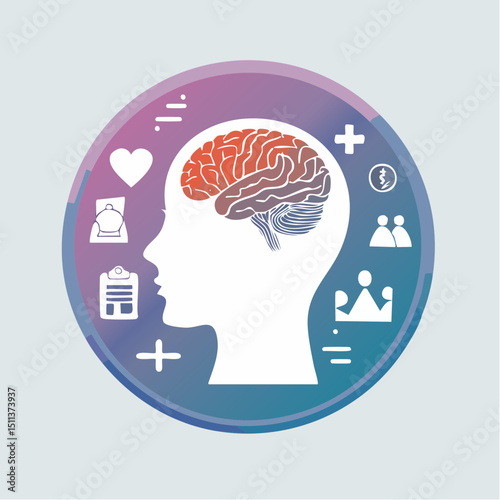 Vector of a head in profile with a glowing brain and floating mental health icons, symbolizing emotional wellness and psychological care.