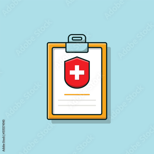 Flat vector of a clipboard featuring a red shield with a white cross, symbolizing medical insurance, health protection, and secure healthcare documentation