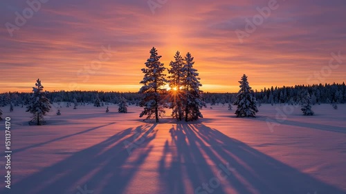 Serene winter landscape at sunset with silhouetted trees casting long shadows over a snow-covered field