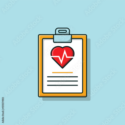 Vector illustration of a medical clipboard displaying a heart with an ECG line. Represents heart health, diagnostics, and cardiovascular checkups