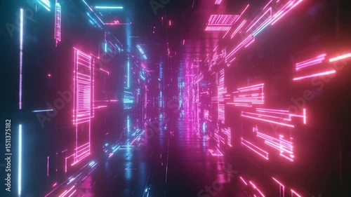 Futuristic Data Stream: Abstract Animation of a Neon Grid Tunnel and Digitalization