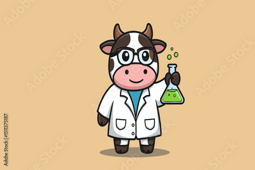 A cow dressed as a scientist in a lab coat, holding a bubbling green test tube.