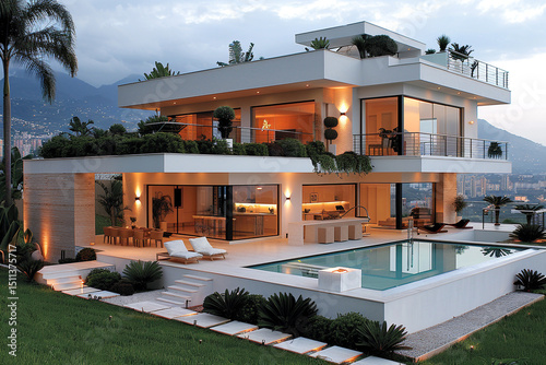 Modern architectural dream homes with balconies nestled in a garden or urban setting, showcasing luxury residential design under an open sky