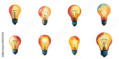 Multiple vector illustration bulbs, watercolor style