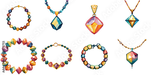 Multiple vector illustrations jewel necklace, watercolor style