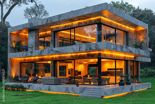 Modern architectural dream homes with balconies nestled in a garden or urban setting, showcasing luxury residential design under an open sky