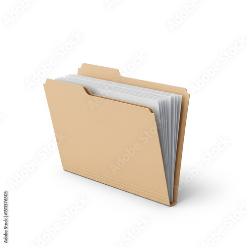 Open manila file folder filled with white papers, ideal for business, organization, legal, and educational themes.


