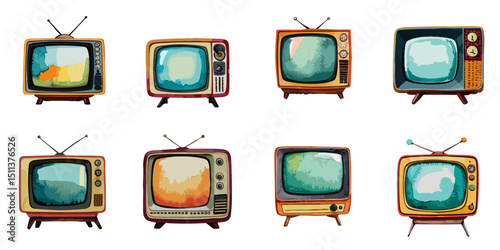 Multiple vector illustrations retro TV, watercolor style