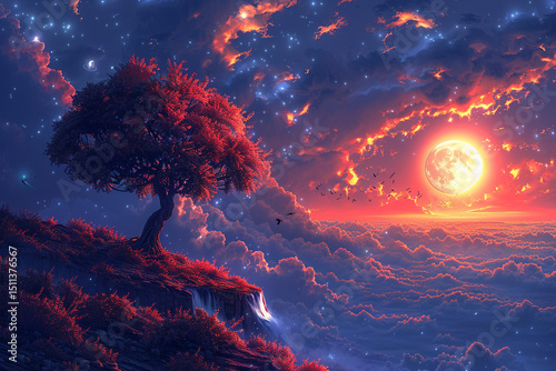 Majestic orange and red clouds paint the sky over mountains as the sun rises, with the dark night giving way to a fiery glow