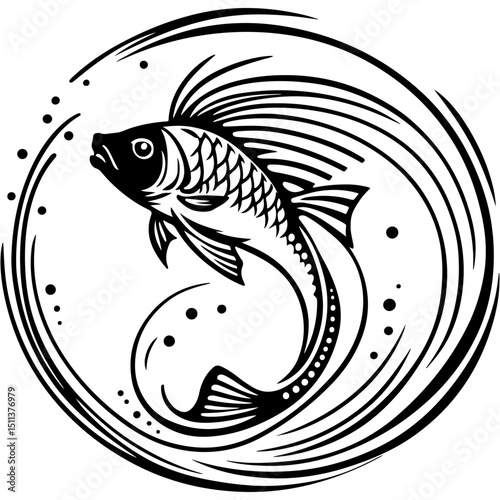 Sketchy emblem of Magic fish that fulfills wishes in monochrome. Engraving minimalistic vector in black ink drawing on transparent background