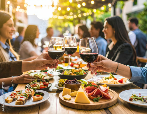 Vibrant Tapas Bar Friends, Wine, and Delicious Food in Barcelona