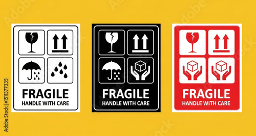 Fragile Handle With Care Shipping and Packaging Symbol Stickers | Safety Label Set for Moving, Transportation, and Delivery Services