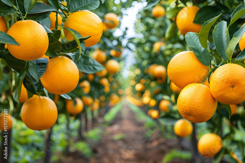 Ripe citrus oranges adorn the leafy branches of a healthy orchard tree, a fresh and natural crop ready for juice