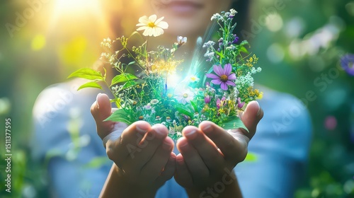 A woman holding a collection of flowers and plants in her hands with a bright light emanating from them