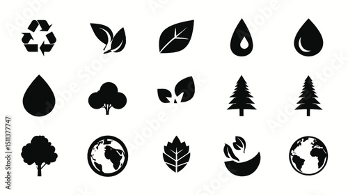 Eco friendly environment and nature vector icon set featuring trees leaves water drops and recycle symbol