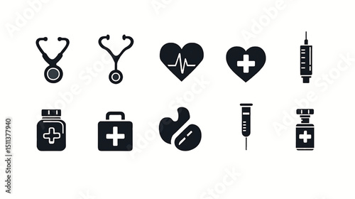 Medical healthcare icons vector set stethoscope heart injection pill first aid kit medicine health care icons