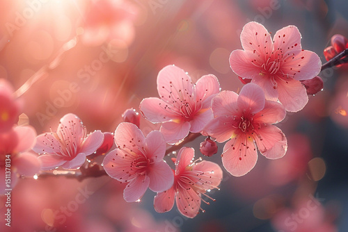 Vibrant pink cherry and peach tree blossoms symbolize spring's delicate beauty