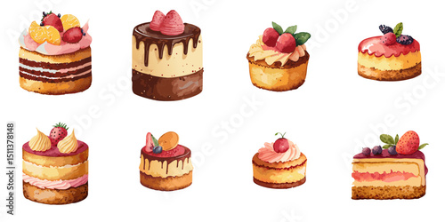 Multiple vector illustration cakes, watercolor style