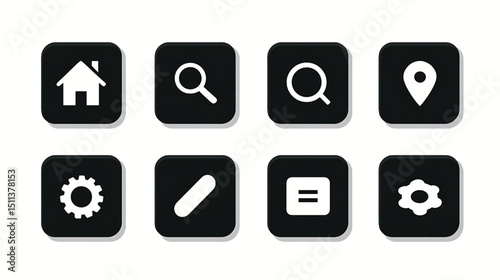Black and white ui icon set for home search location settings menu and edit button vector design 100px