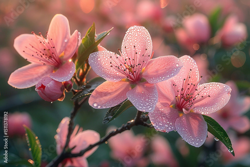 Vibrant pink cherry and peach tree blossoms symbolize spring's delicate beauty