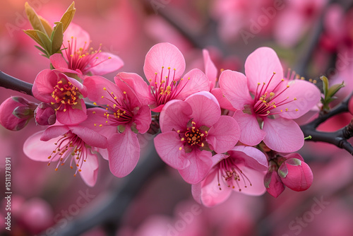 Vibrant pink cherry and peach tree blossoms symbolize spring's delicate beauty