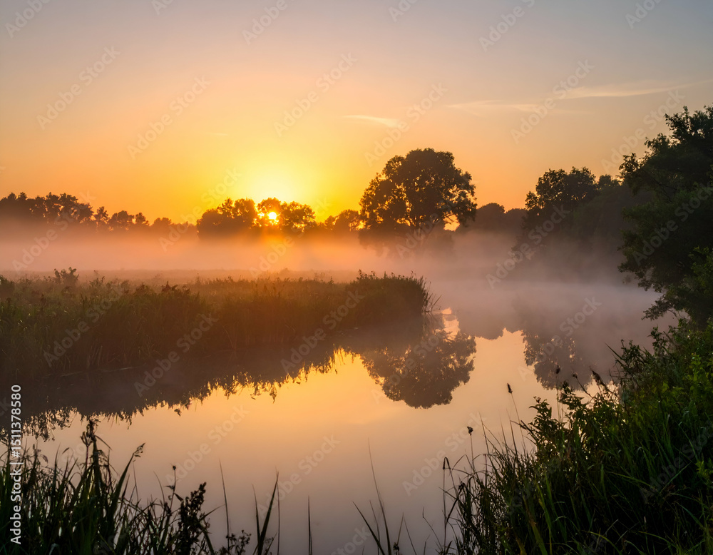 Fototapeta premium Serene Sunrise Misty River Reflections at Dawn