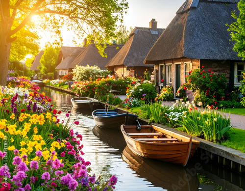 Serene Giethoorn Village Boats, Canals, and Flowers at Sunset