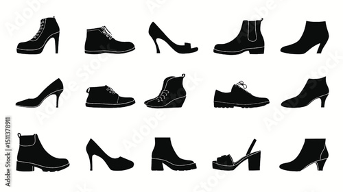 Collection of black silhouette women shoes vector illustration footwear fashion style design elegant 100