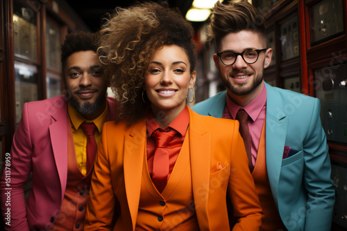 Smiling businesspeople stand together in an office, a professional team looking successful