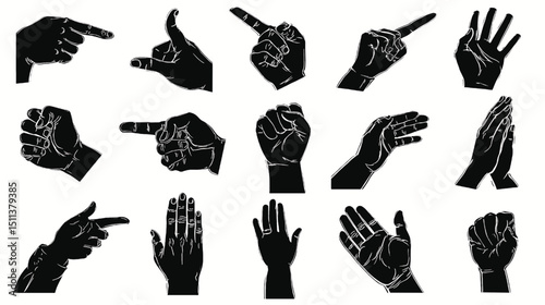 Hand gestures vector illustration showing various hand signals and hand poses for designers and artists