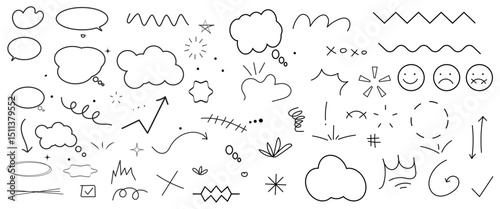 Line shape marker underline, arrow, emoji, heart, clouds brush element set. Hand drawn brush stroke, highlight, speech bubble, underline, sparkle element. Vector illustration.
