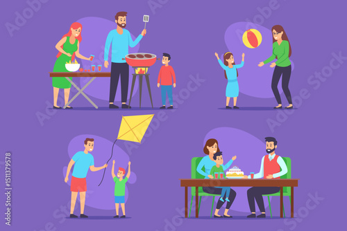 Lively family collection of people preparing food, playing games, flying kite, and celebrating birthday. Different activities with joyful interactions and love among family members