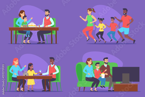 Vibrant collection of family enjoying various activities together. People celebrating with cake, running joyfully, participating in table games, and relaxing while watching television