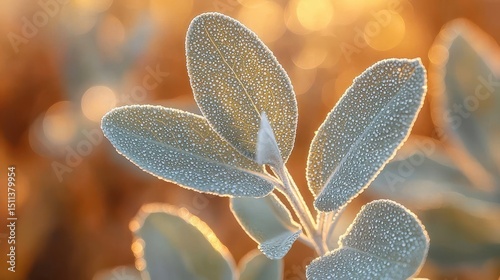 Wyoming sagebrush leaves macro with morning dew droplets, silver-green textured foliage in golden sunlight creating natural botanical background for web design