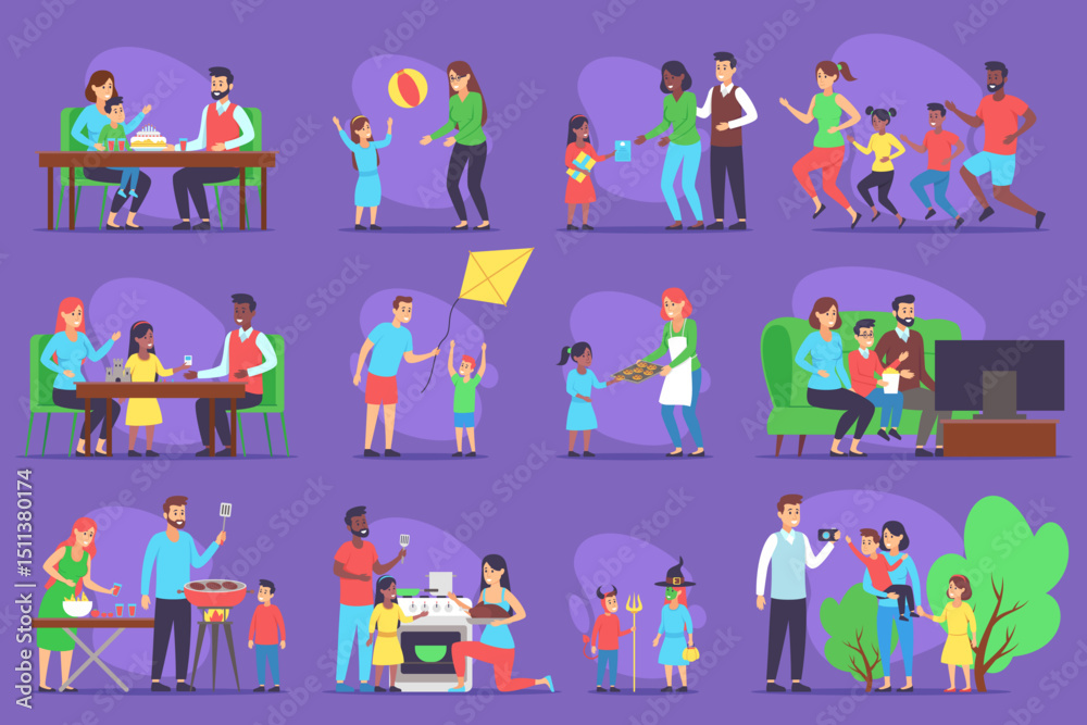 Fototapeta premium Vibrant family collection of children and adults engaging in various playful activities. From cooking and jogging to flying kites and enjoying meals together