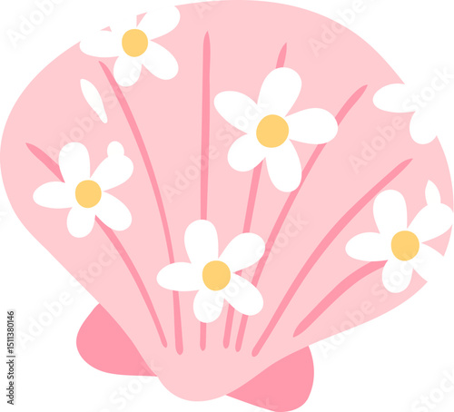 Seashell with White Floral Pattern Illustration