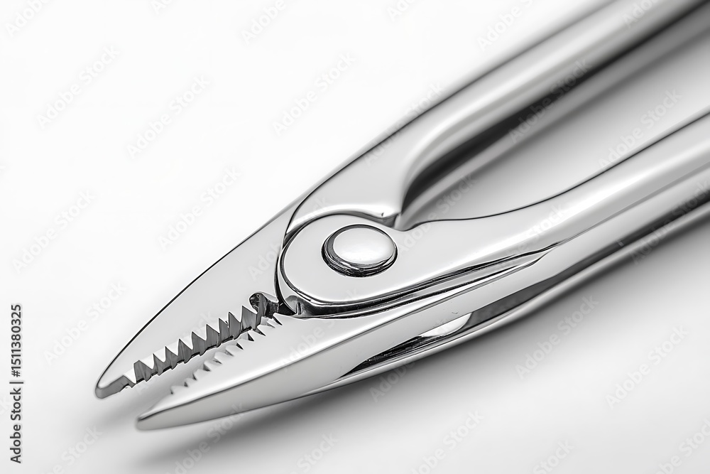 Fototapeta premium Closeup of shiny stainless steel pliers, modern tool with serrated jaws, precision hardware, industrial equipment