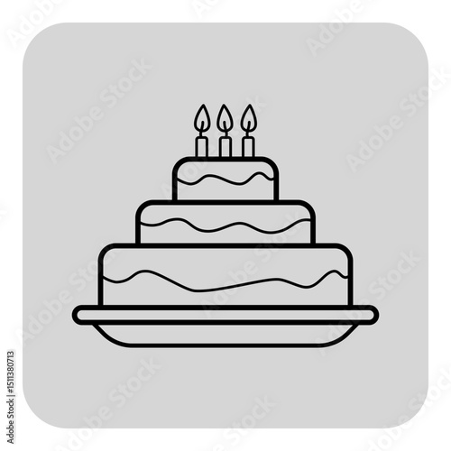 Line art illustration of three-tiered cake adorned with frosting and topped with three burning candles. Perfect for conveying sweet moments at gatherings or celebrations
