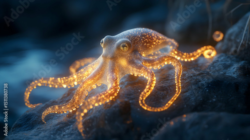 Glowing octopus on a dark rock.  Intricate details and warm light create a mystical underwater scene. photo