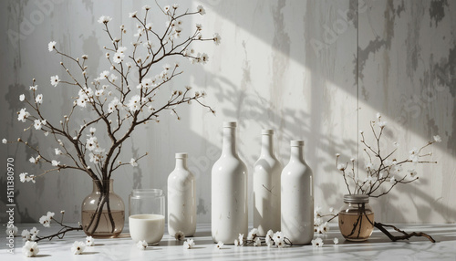 Minimalist White Still Life with Glass Bottles and Branches