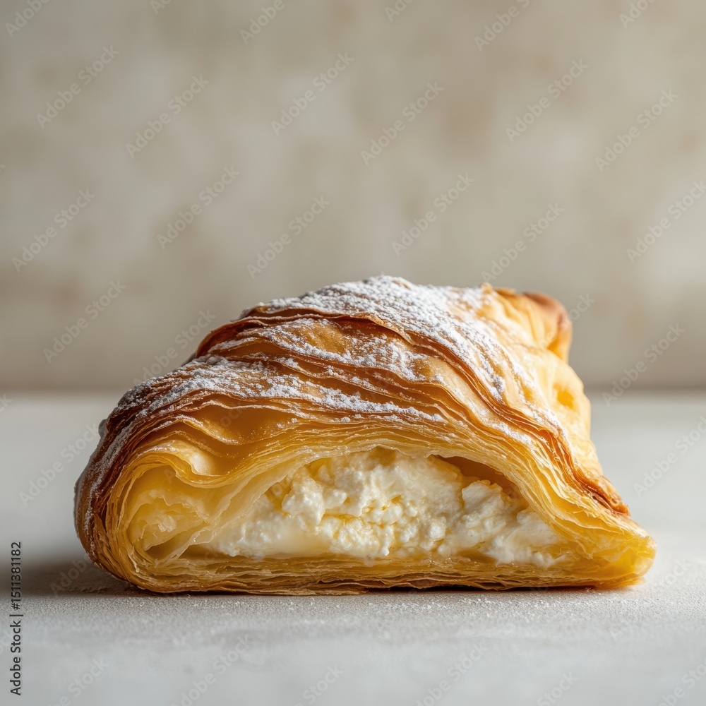 Fototapeta premium Golden Flaky Pastry Filled with Creamy Cheese on White Background