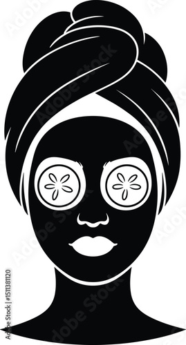Black silhouette vector of a woman's face with a facial mask applied and two round cucumber slices over the eyes