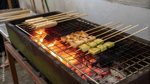 Close up of Smoky Grilled Otak-Otak on Banana Leaf with Charred Edges and Skewers photo