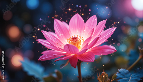 Pink Flower with Glowing Lights and Dark Background