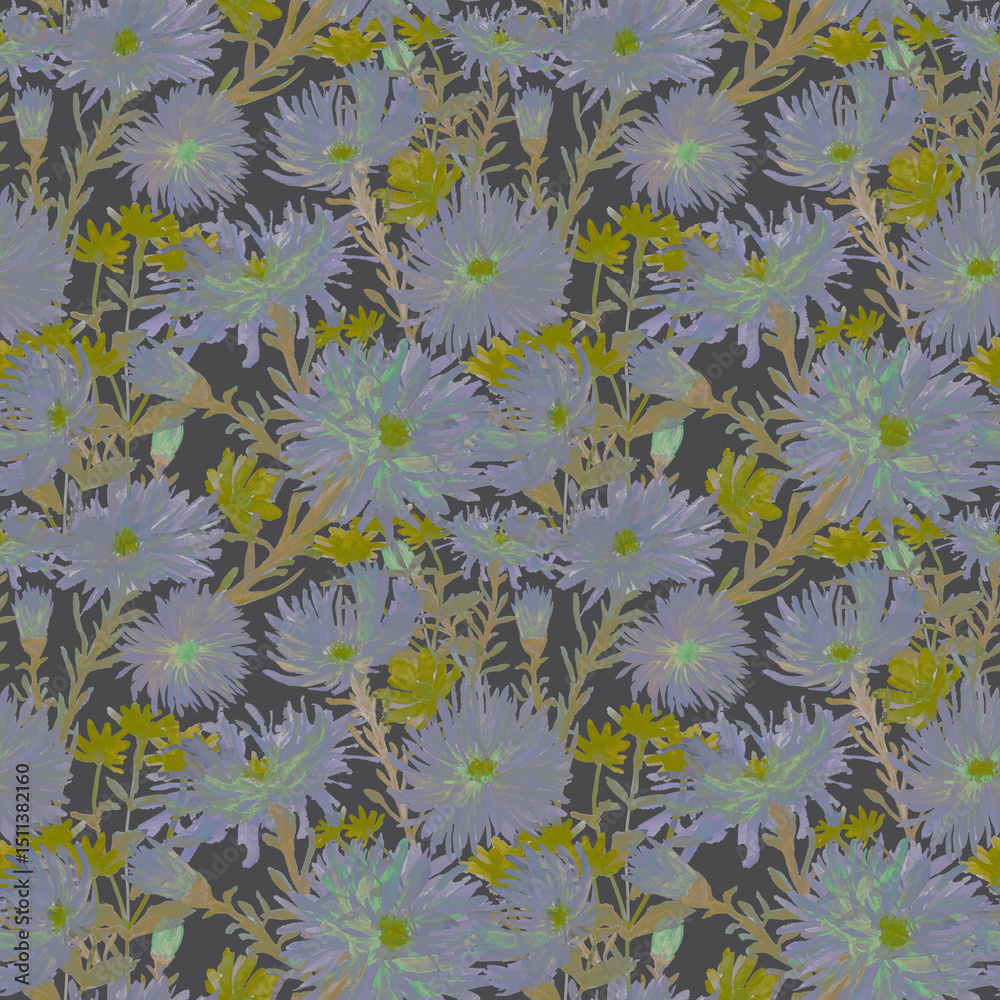 Seamless pattern with abstract watercolor blooming asters flowers. Purple and ultramarine petals, Ditsy Print. Cottage Garden Flower. Template for fabric, textile, surfaces, covers. Floral background. Seamless pattern with abstract watercolor blooming asters flowers. Purple and ultramarine petals, Ditsy Print. Cottage Garden Flower. Template for fabric, textile, surfaces, covers. Floral background.
