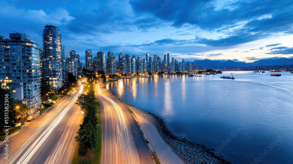 Fototapeta premium Vibrant skyline view at dusk with light trails along waterfront, showcasing city life