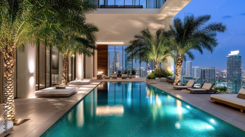 Fototapeta premium Luxurious poolside view with palm trees, modern architecture, and city skyline at dusk