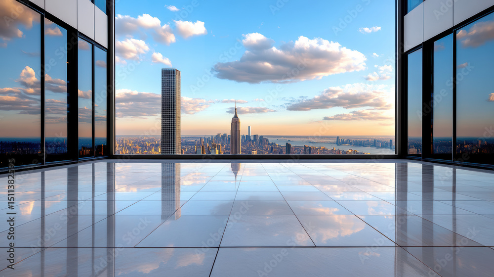 Fototapeta premium Stunning view of city skyline with reflections polished floors, showcasing modern architecture