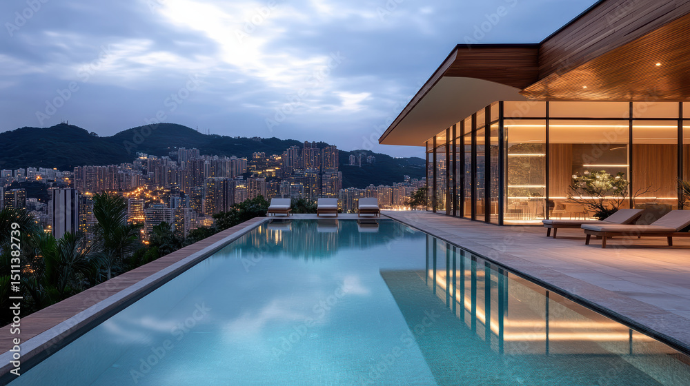Fototapeta premium Luxurious rooftop pool overlooking vibrant cityscape at dusk, with serene water reflections