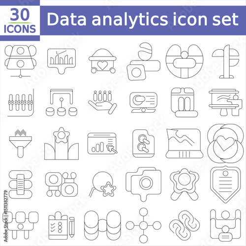 Data analytics icon set with editable stroke. Data analysis thin line icon collection. Vector illustration